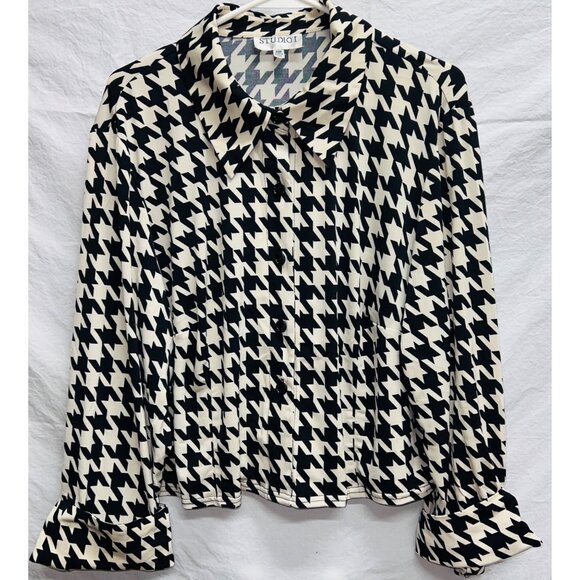 Studio I Womens Houndstooth Cropped Blouse 20W Black & Beige 3/4 Cuffed Sleeve - Picture 1 of 3